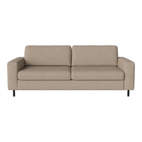 Beige upholstered sofa with a minimalist design and smooth fabric texture, featuring clean lines and black legs.
