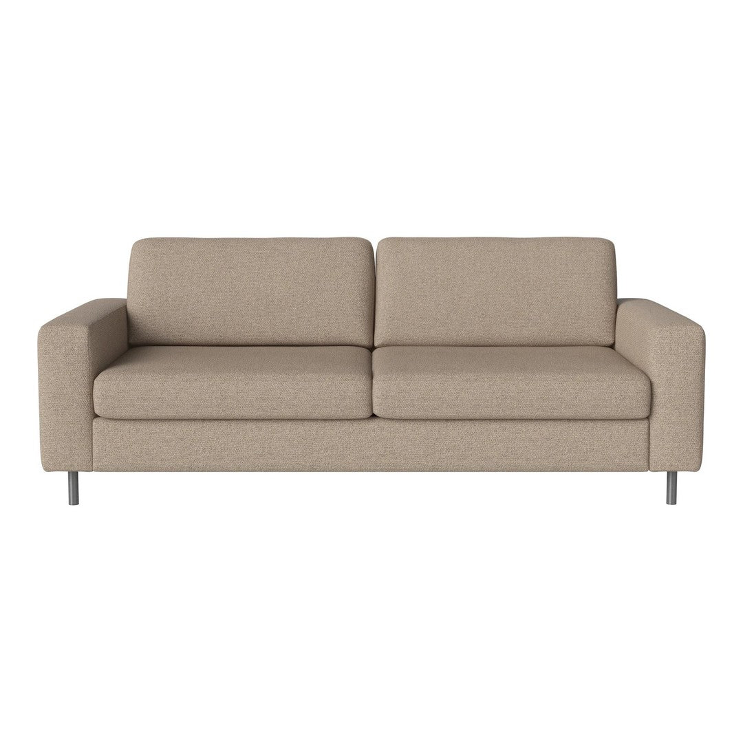 Beige fabric sofa with a minimalist design and smooth, solid color upholstery. Perfect for modern interiors.
