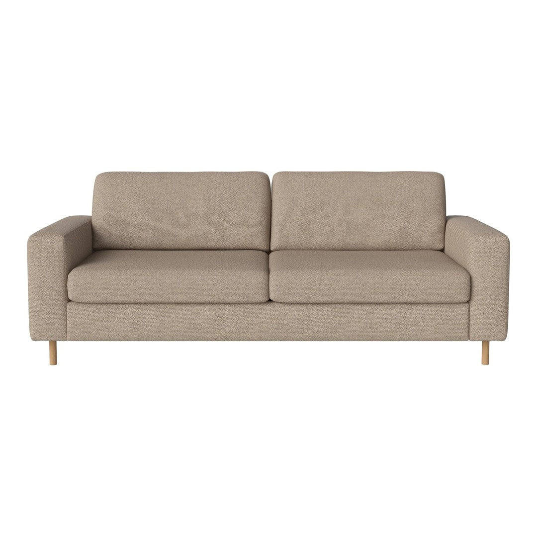 Beige fabric sofa with clean lines and minimalist design, featuring a subtle texture on the upholstery.