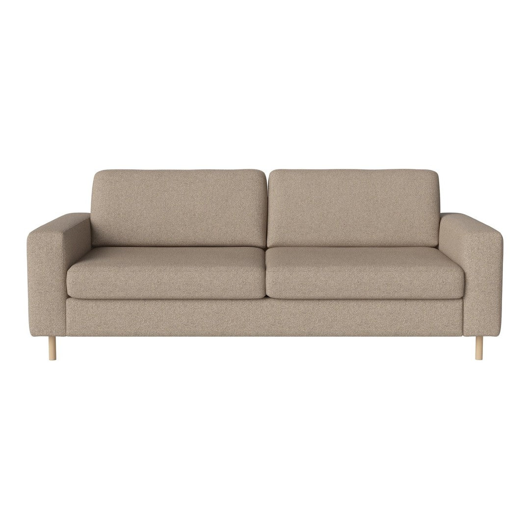 Beige fabric sofa with a smooth texture and minimalist design, featuring clean lines and natural wood legs.