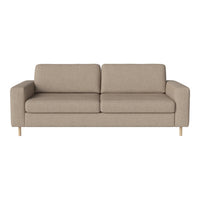 Beige fabric sofa with a smooth texture and minimalist design, featuring clean lines and natural wood legs.