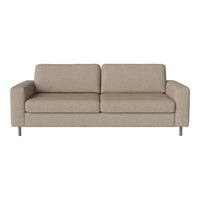 Beige modern sofa with a simple, solid fabric pattern and sleek silver legs. Ideal for any contemporary living space.