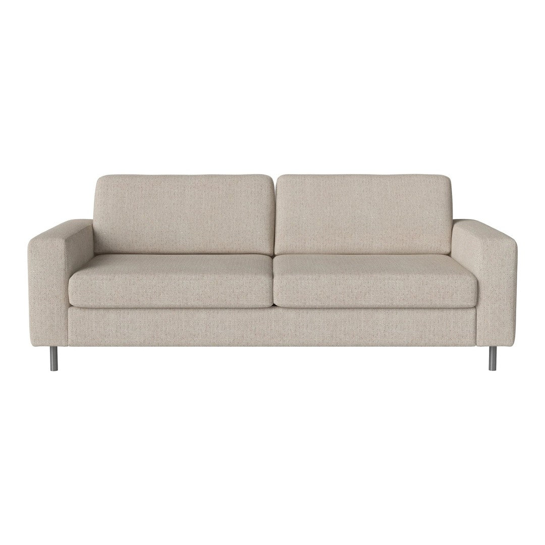 Light beige sofa with a simple, sleek design and smooth fabric texture. Ideal for modern living spaces.