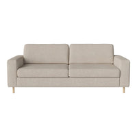 Light beige fabric sofa with a smooth texture and minimalist design featuring clean lines and no visible patterns.