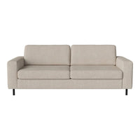 Beige, textured fabric sofa with a simple, modern design and sleek black legs.