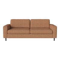 Brown upholstered sofa with clean lines and subtle texture on a sleek black metal frame.