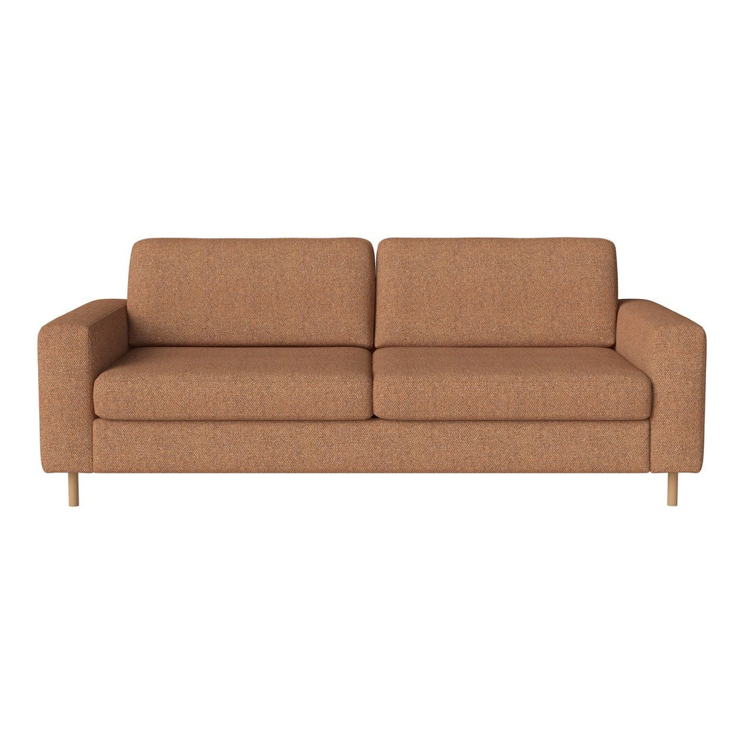Brown upholstered sofa with a textured pattern, featuring clean lines and wooden legs for a modern touch.