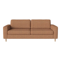 Brown upholstered sofa with a textured pattern, featuring clean lines and wooden legs for a modern touch.