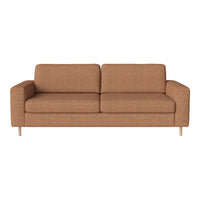 Modern brown sofa with a textured fabric and minimalist design, featuring light wooden legs.