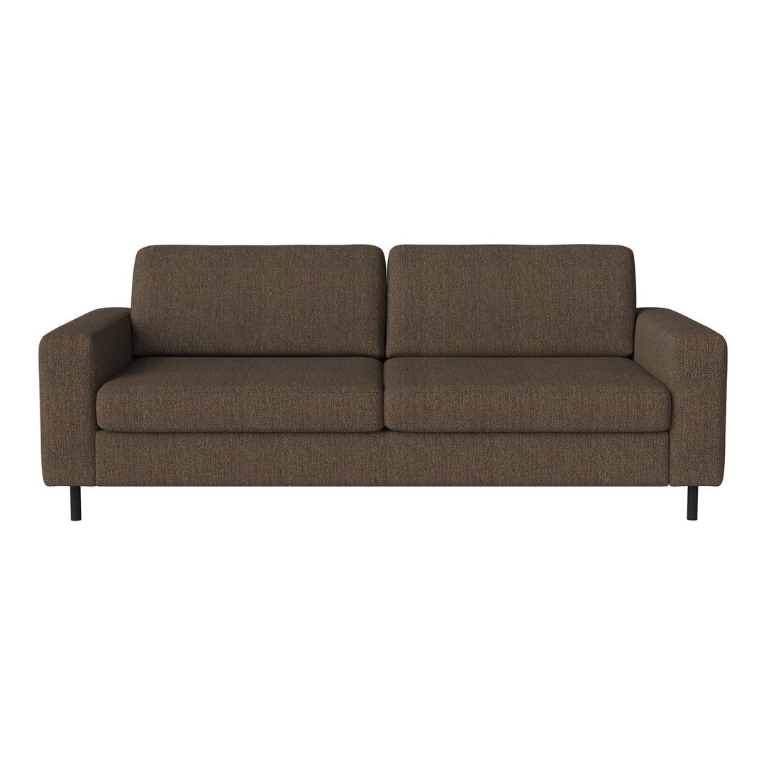 Brown textured sofa with a modern design and sleek black legs, perfect for contemporary living spaces.