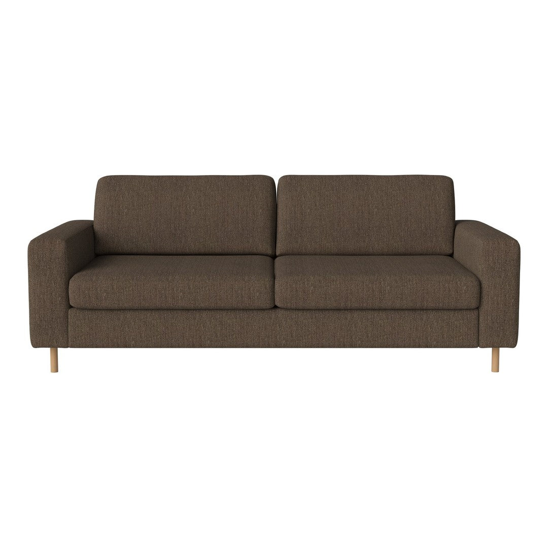 Brown fabric sofa with a subtle textured pattern and wooden legs, perfect for modern living spaces.