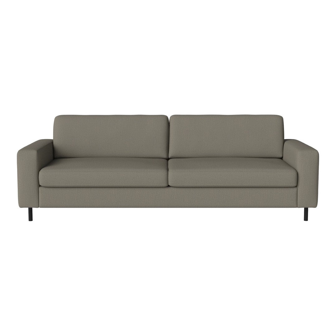 Sleek gray sofa with a minimalist design, featuring smooth upholstery and straight lines for a modern look.