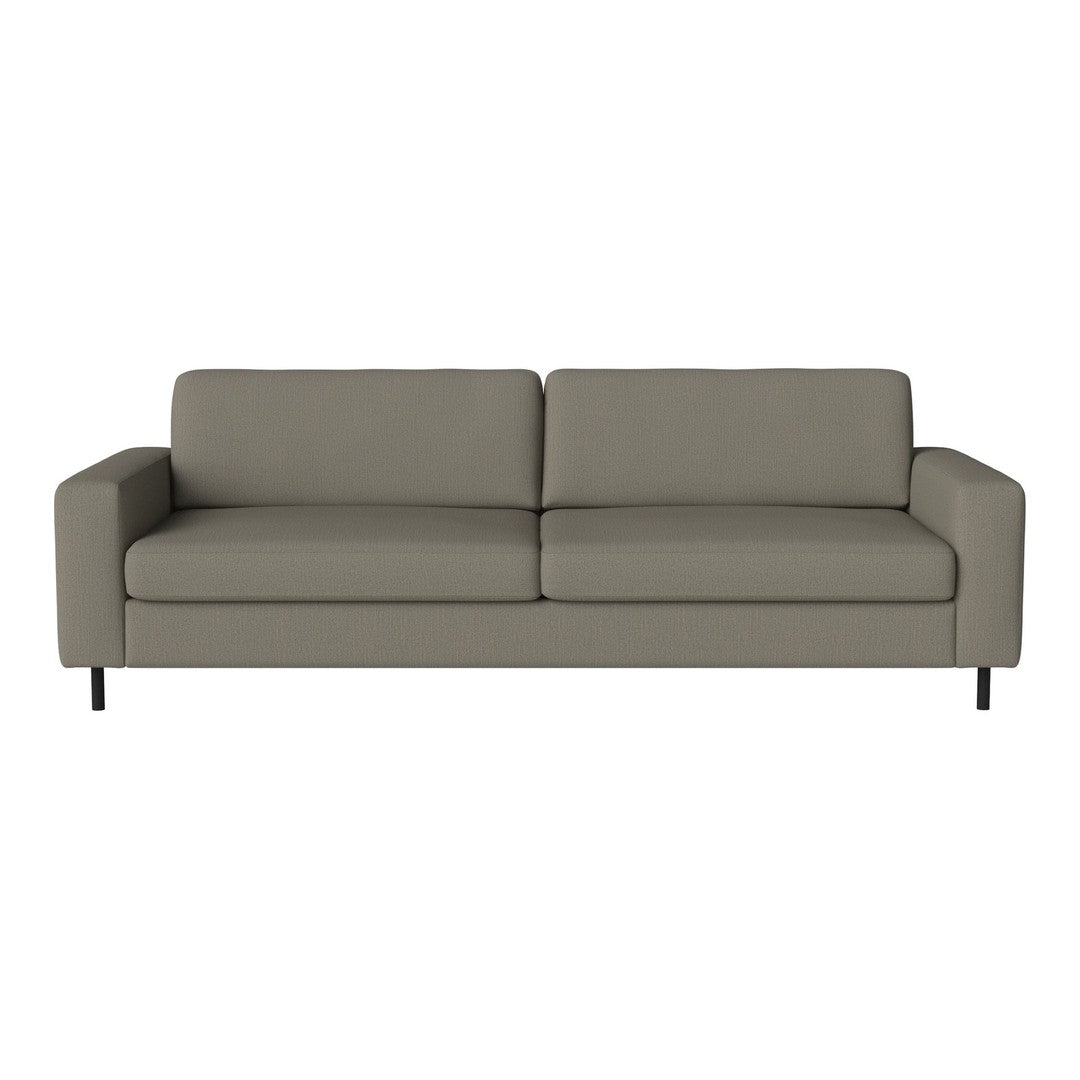 Sleek gray sofa with minimalist design and smooth fabric upholstery; ideal for contemporary living spaces.