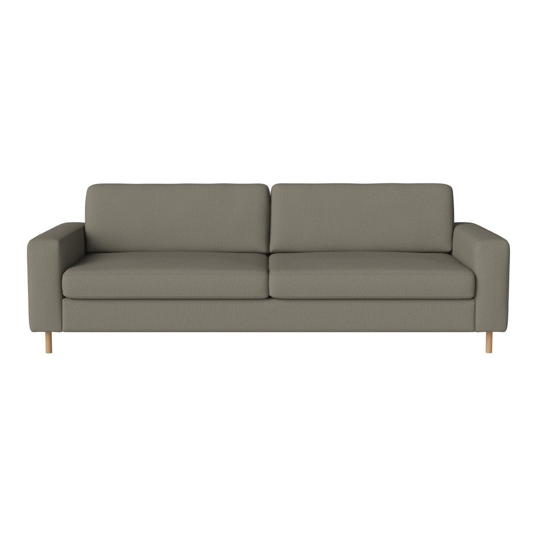 Sleek gray sofa with minimalist design and smooth upholstery, featuring natural wood legs for added style.