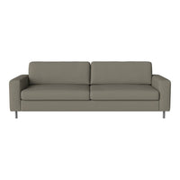 Sleek gray leather sofa with smooth surface and minimalist design. Ideal for modern living spaces.