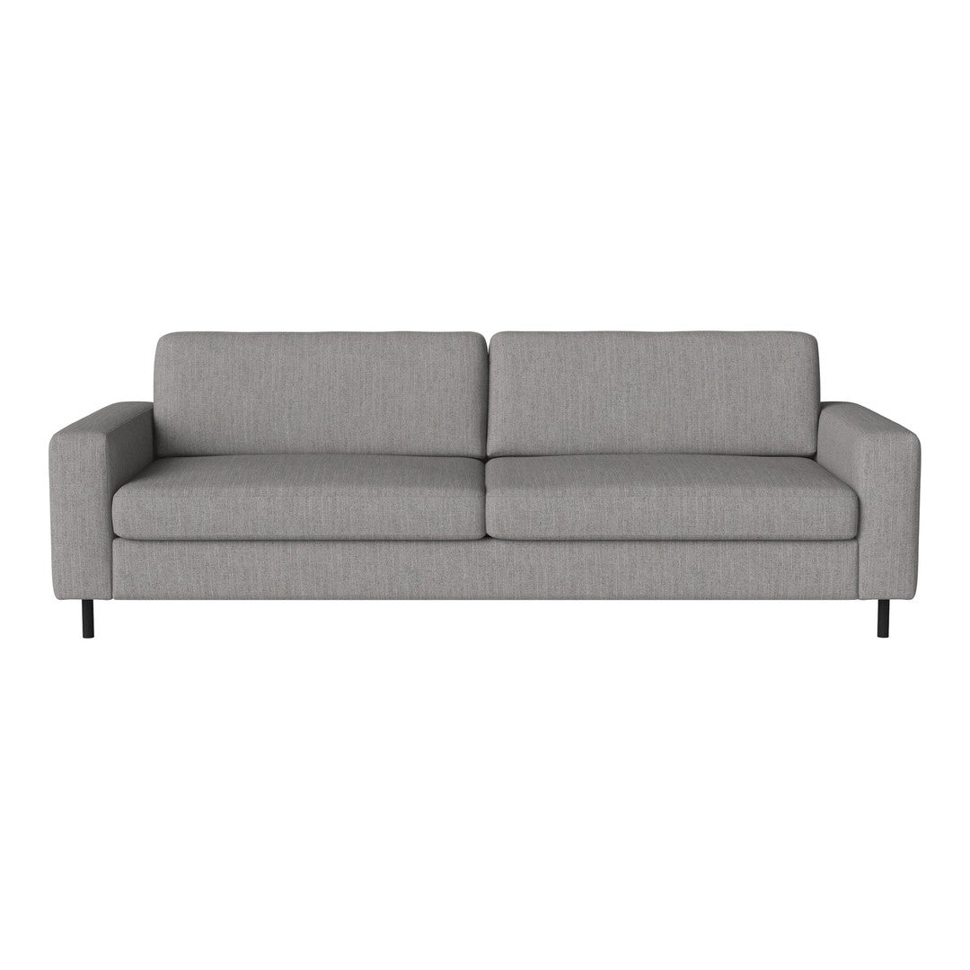 Gray modern sofa with clean lines and a minimalist design, featuring a textured fabric finish.