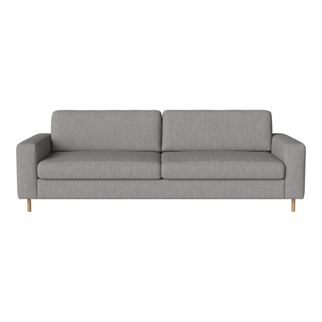Light gray fabric sofa with a minimalist design and clean lines, featuring wooden legs for a modern touch.
