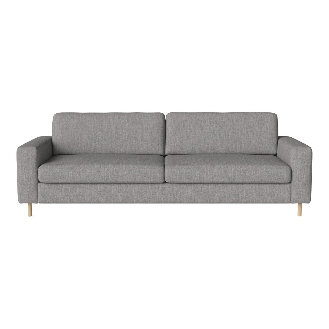 Gray upholstered sofa with a modern design and textured fabric, featuring a minimalist style and natural wood legs.