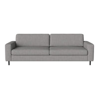 Gray upholstered sofa with a minimalist design and smooth fabric texture. Ideal for modern living spaces.