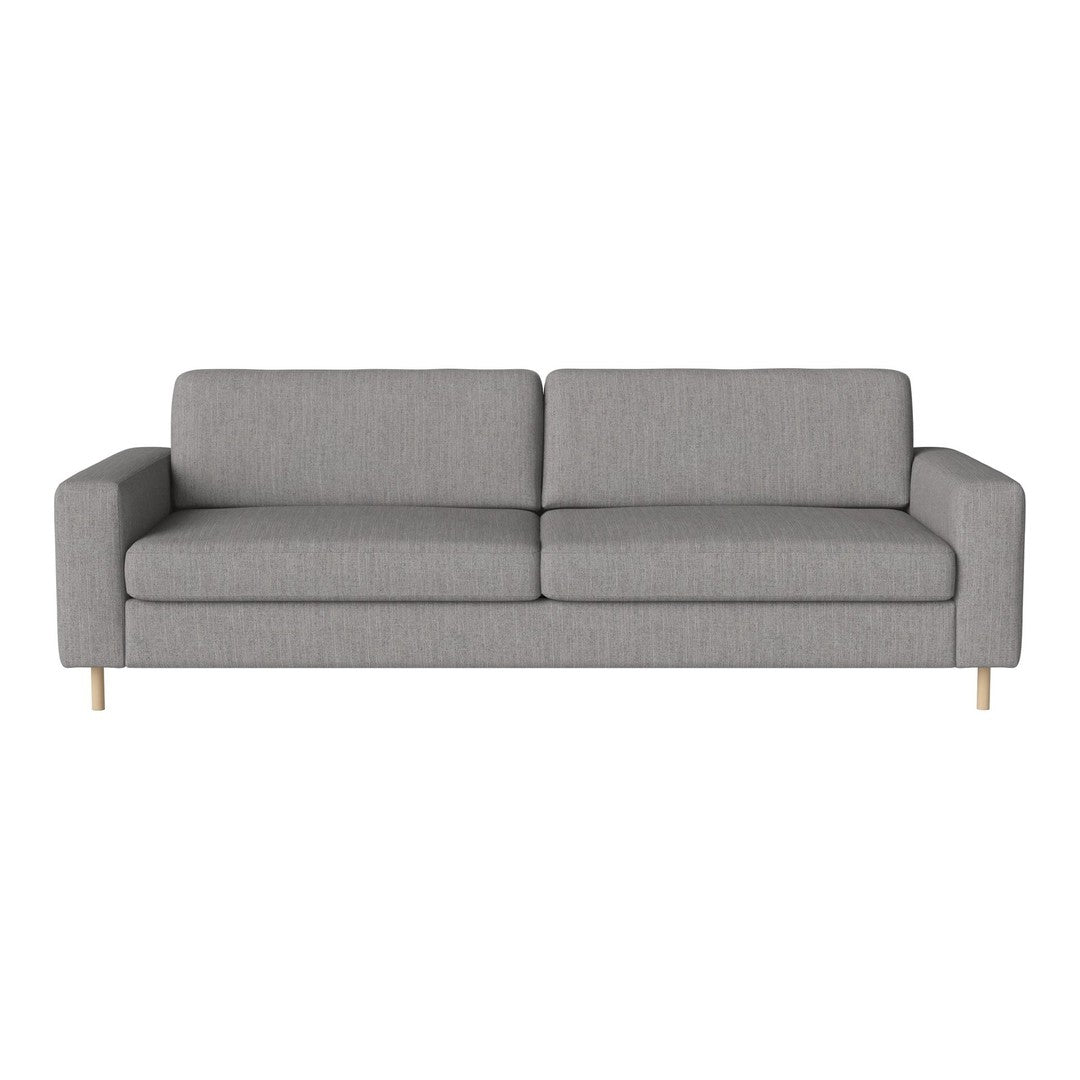 Gray fabric sofa with minimalist design and wooden legs, featuring a solid color pattern for a modern living space.