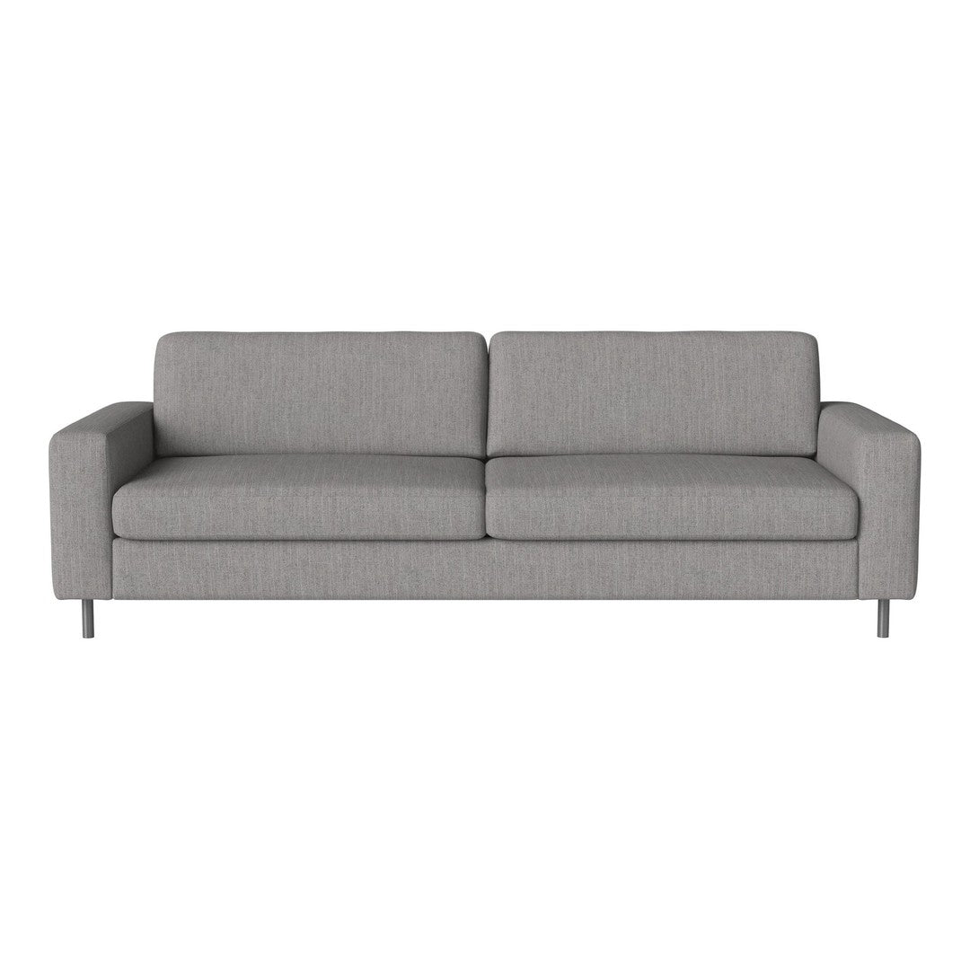 Gray two-seater sofa with a sleek design and textured fabric, featuring straight lines and minimalistic style.
