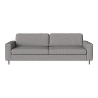 Gray two-seater sofa with a sleek design and textured fabric, featuring straight lines and minimalistic style.