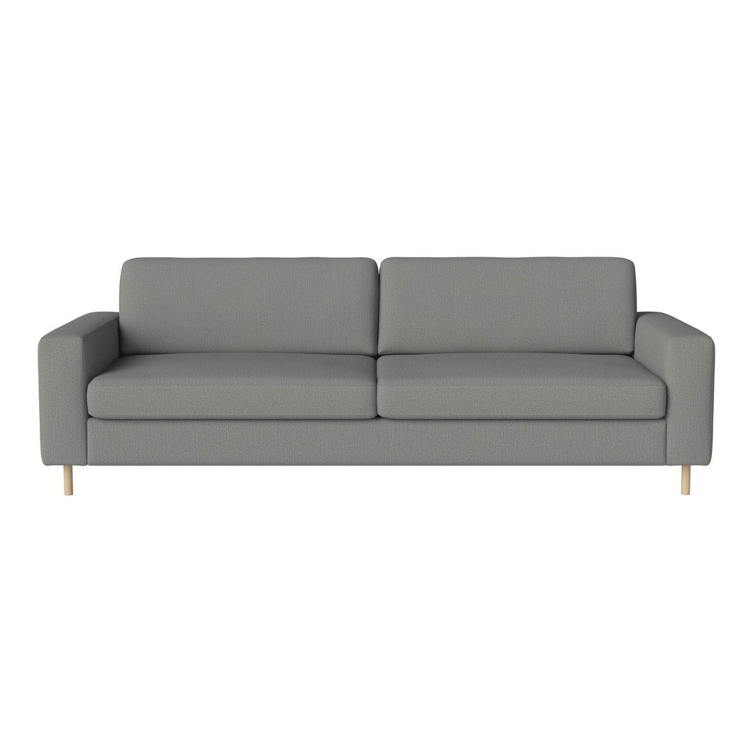 Gray upholstered sofa with clean lines and a minimalist design, complemented by light wooden legs.