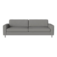 Modern gray sofa with a minimalist design, featuring smooth fabric and sleek metal legs. Perfect for contemporary decor.