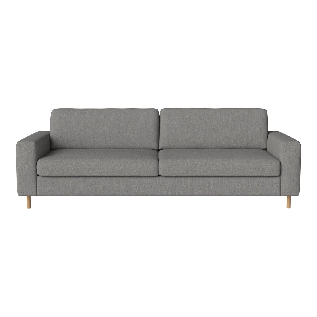 Gray sofa with a minimalist design and clean lines, featuring a smooth fabric texture and wooden legs.