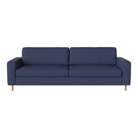 Modern navy blue sofa with clean lines and textured fabric, featuring minimalistic wooden legs.