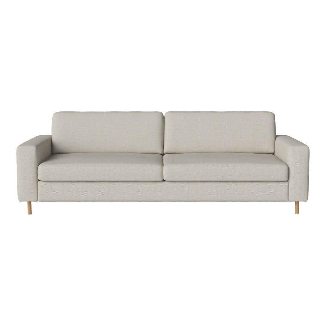 Light gray upholstered sofa with a minimalist design and smooth texture, featuring wooden legs for a modern touch.