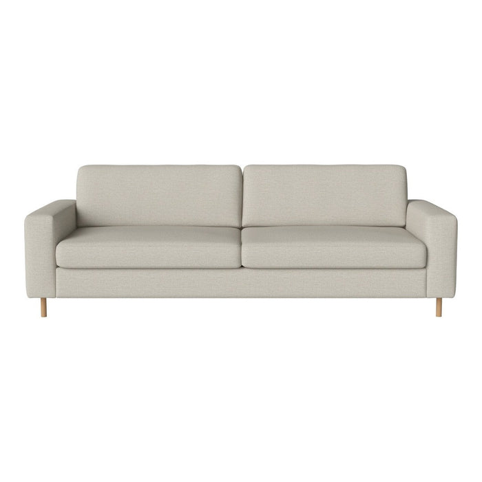 Light gray upholstered sofa with a minimalist design and smooth texture, featuring wooden legs for a modern touch.