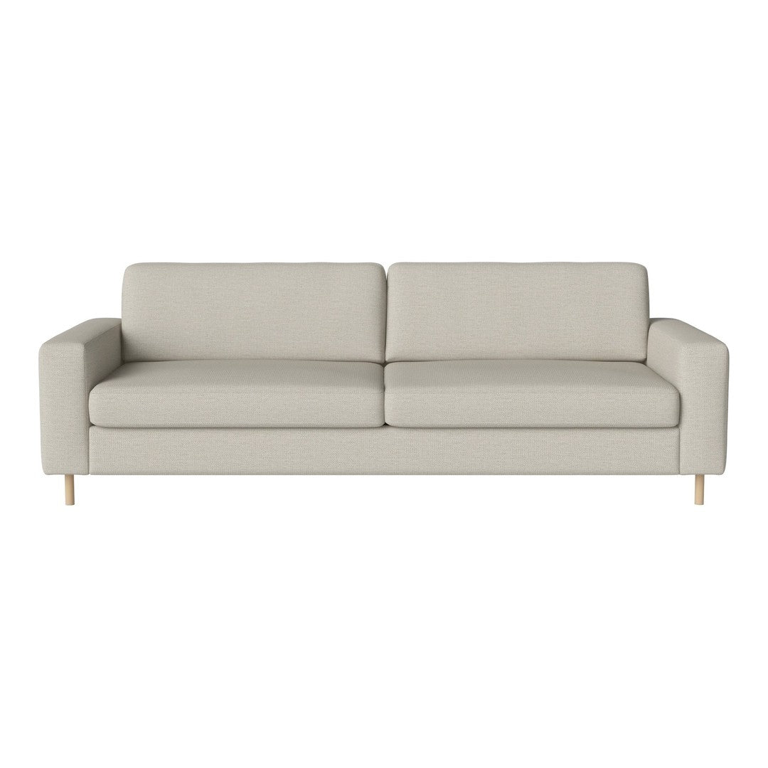 Light beige sofa with a minimalist design and smooth fabric texture, featuring wooden legs for a modern touch.