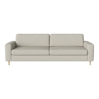 Light beige sofa with a minimalist design and smooth fabric texture, featuring wooden legs for a modern touch.