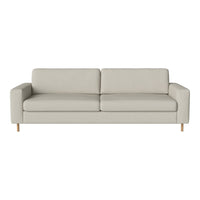 Light gray modern sofa with clean lines and smooth fabric, featuring minimalistic style and natural wood legs.