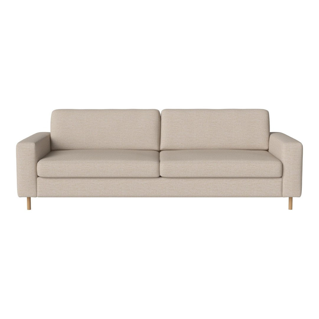 Beige fabric sofa with a minimalist design and smooth lines, featuring natural wood legs for a modern touch.