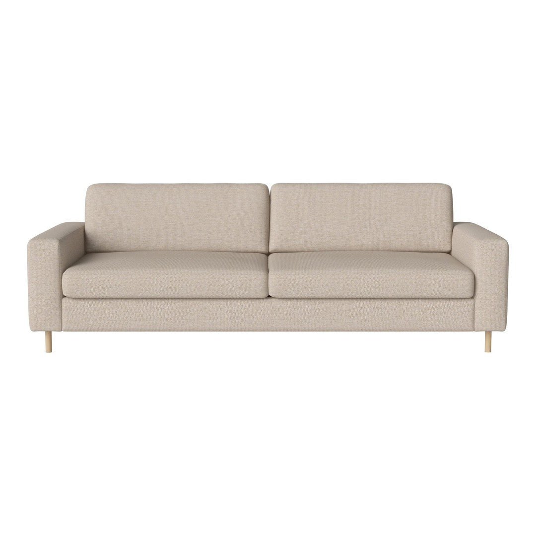 Light beige modern sofa with a smooth fabric finish and clean lines, featuring wooden legs for a minimalist look.