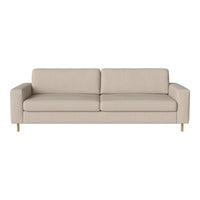 Beige fabric sofa with a smooth texture and minimalist design, featuring light wooden legs.