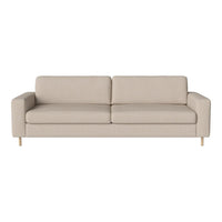 Beige sofa with a clean, minimalist design and soft texture, featuring simple lines and light wooden legs.