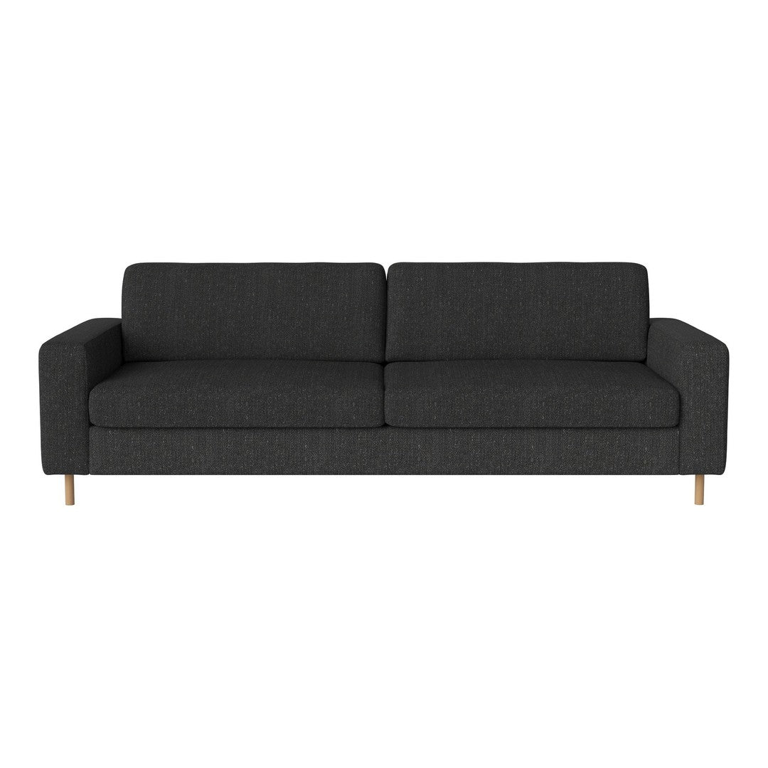 Modern grey sofa with a sleek design and textured fabric, featuring light wood legs for a stylish contrast.