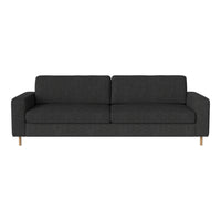 Modern grey sofa with a sleek design and textured fabric, featuring light wood legs for a stylish contrast.