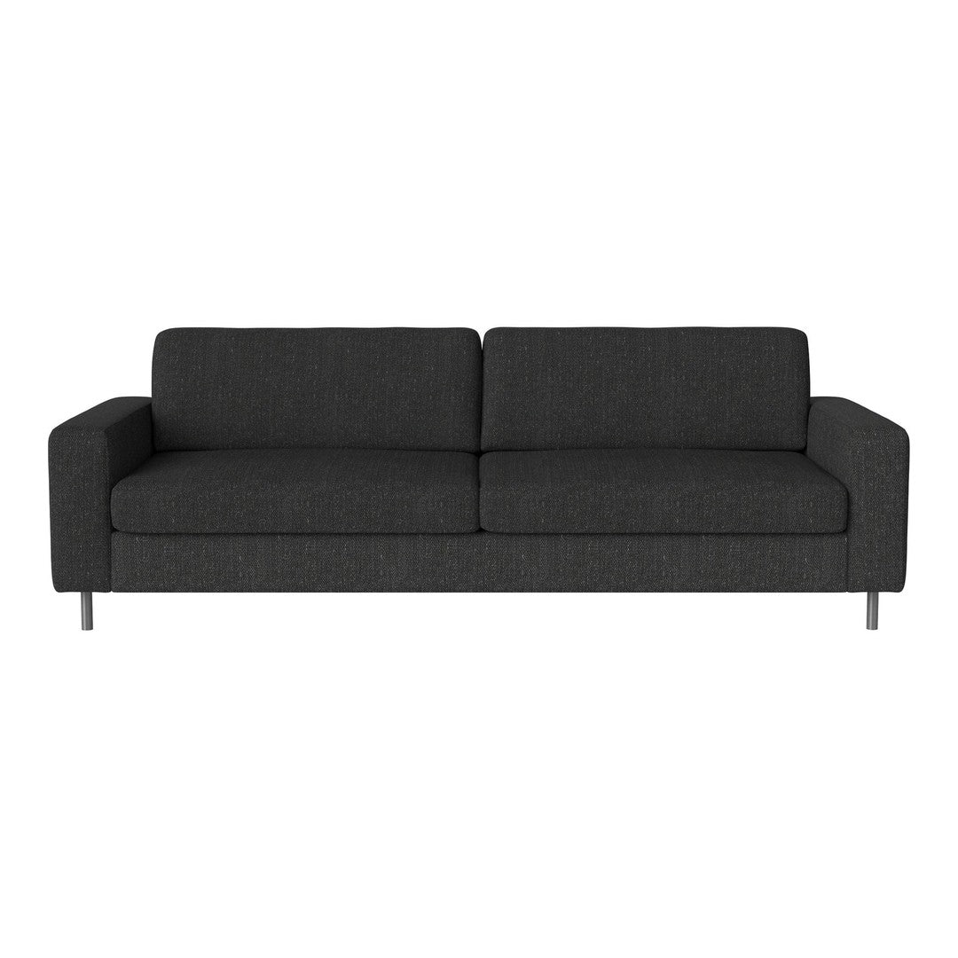 Modern dark gray sofa with a smooth fabric texture and minimalist design, perfect for contemporary living spaces.