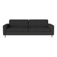 Modern dark gray sofa with a smooth fabric texture and minimalist design, perfect for contemporary living spaces.