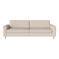 Beige sofa with a minimalistic design and subtle texture, featuring wooden legs for added warmth and style.