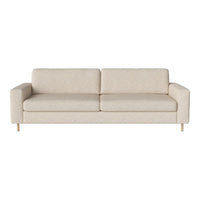 Light beige sofa with a subtle textured pattern and sleek wooden legs, perfect for modern decor.