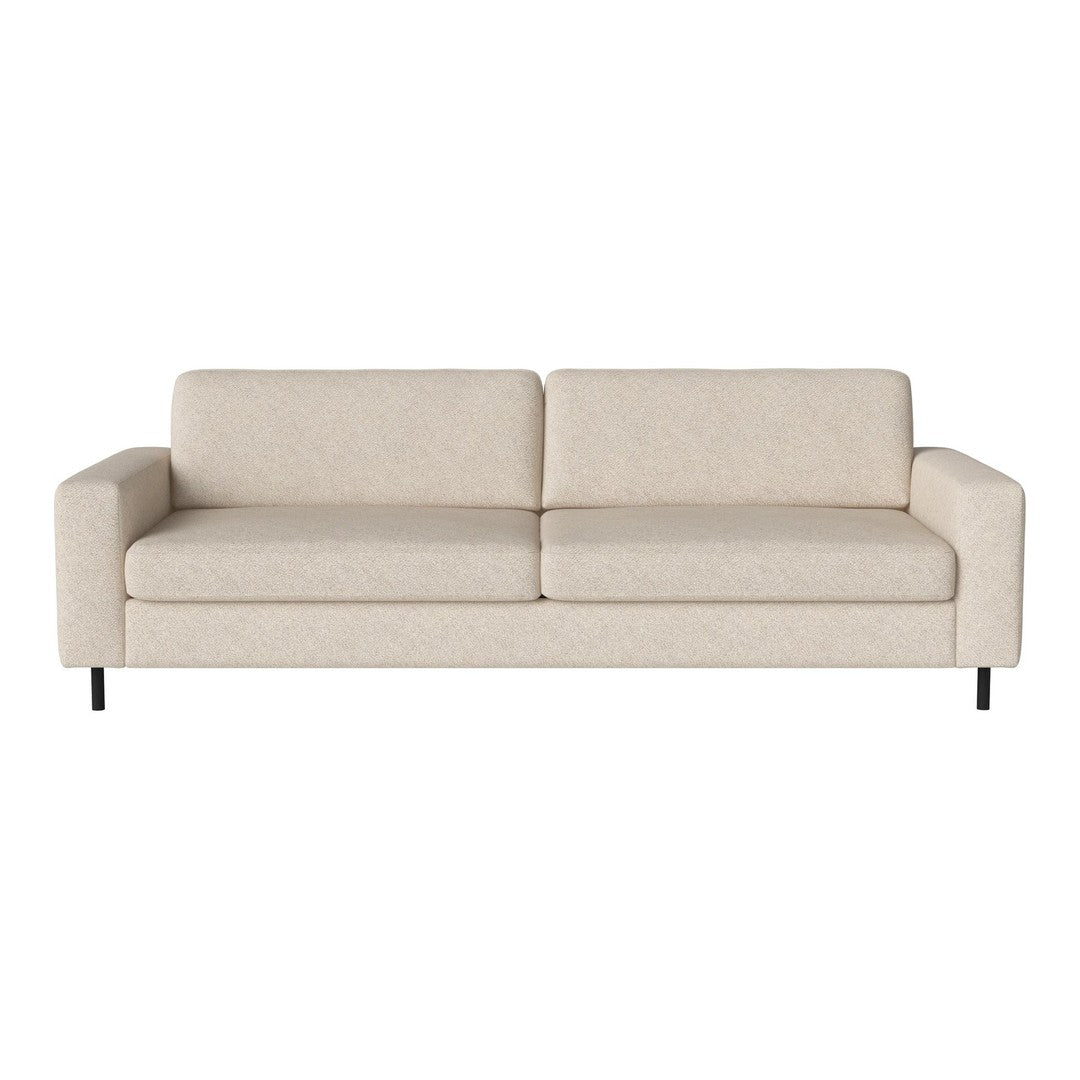 Light beige modern sofa with smooth fabric and minimalist design, featuring straight lines and no visible patterns.