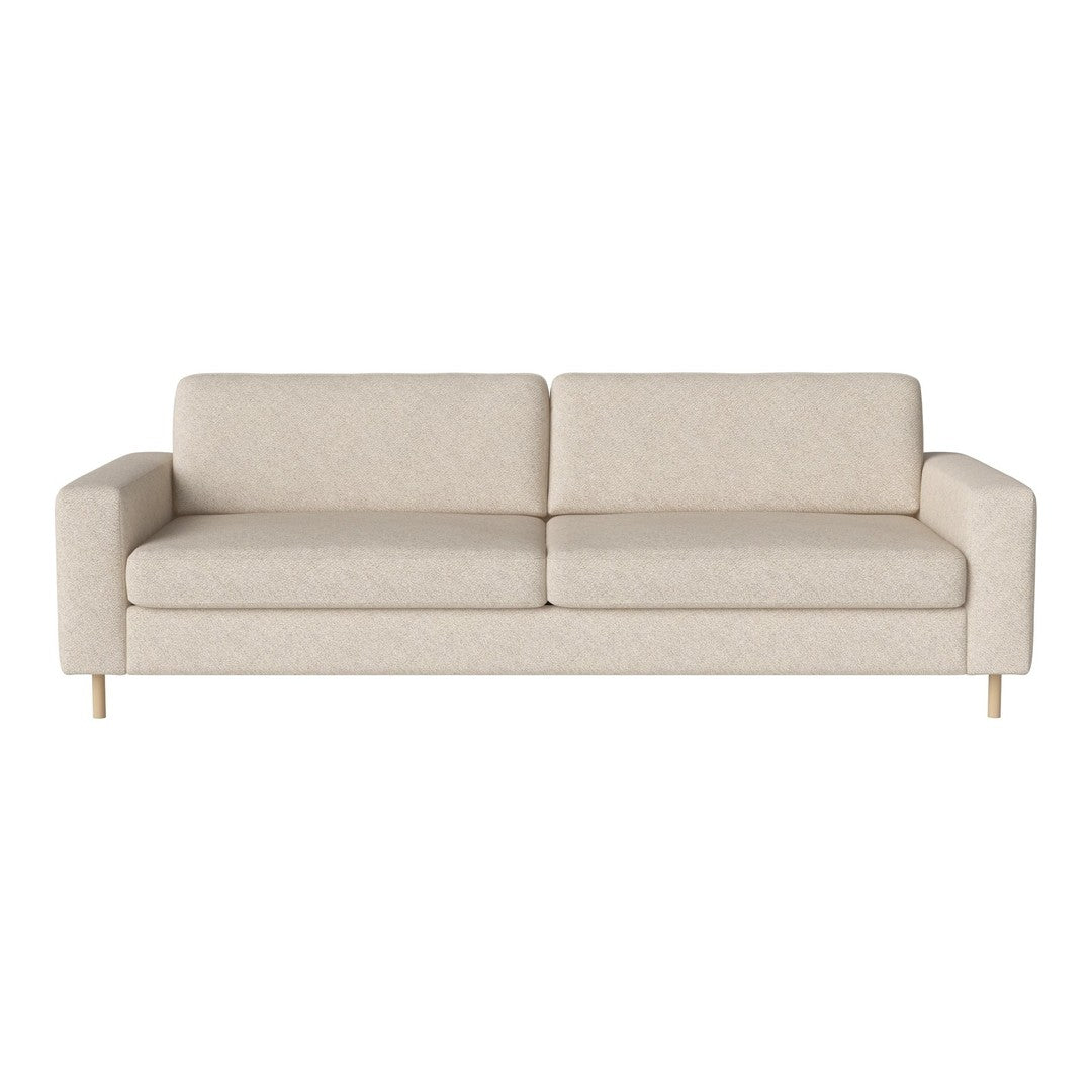 Beige sofa with subtle textured pattern, featuring clean lines and wooden legs, perfect for modern decor.