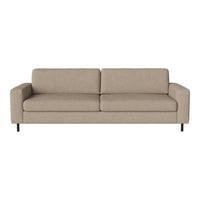 Beige upholstered sofa with clean lines and minimalist design, featuring smooth fabric and no visible patterns.