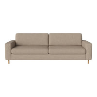 Tan upholstered sofa with a smooth, simple design and wooden legs, perfect for modern living spaces.