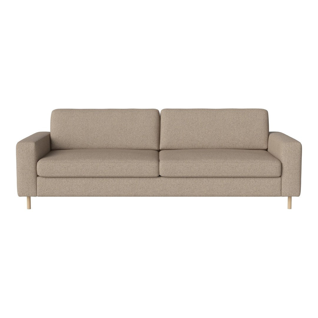 Neutral beige fabric sofa with clean lines and wooden legs, offering a modern, minimalist aesthetic perfect for any living space.
